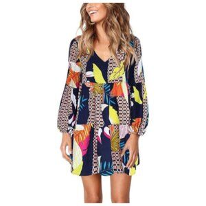 **Cosonsen** Women's Printed Swing Shift Dress Long Sleeve V Neck Tunic Dress XL
